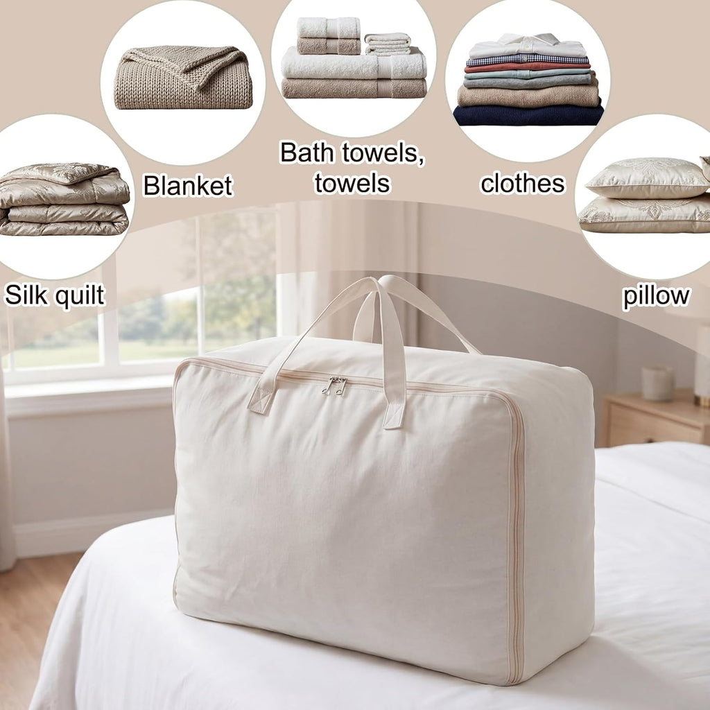 2 Pack 100% Cotton 24"x 15"x 12" Canvas Pillow Storage Bag with Handles for Home Travel Beddings Comforters Blankets Saree Linens Organizer Thick Soft Breathable Closet Organizer Bag