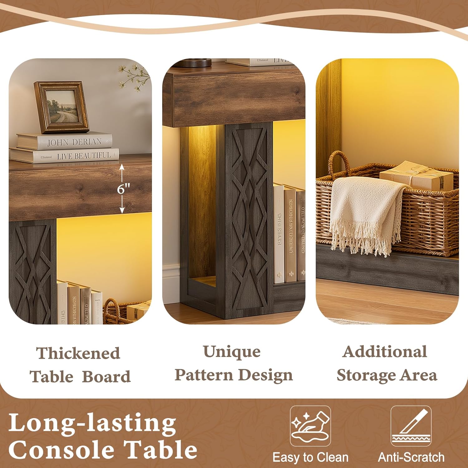 Unikito 47" Console Table with Outlets & LED Lights, Farmhouse Entryway Table with Unique Geometric Pattern, Sofa Table Behind Couch with 2-Tier Storage for Living Room, Hallway, Foyer, Grey & Brown