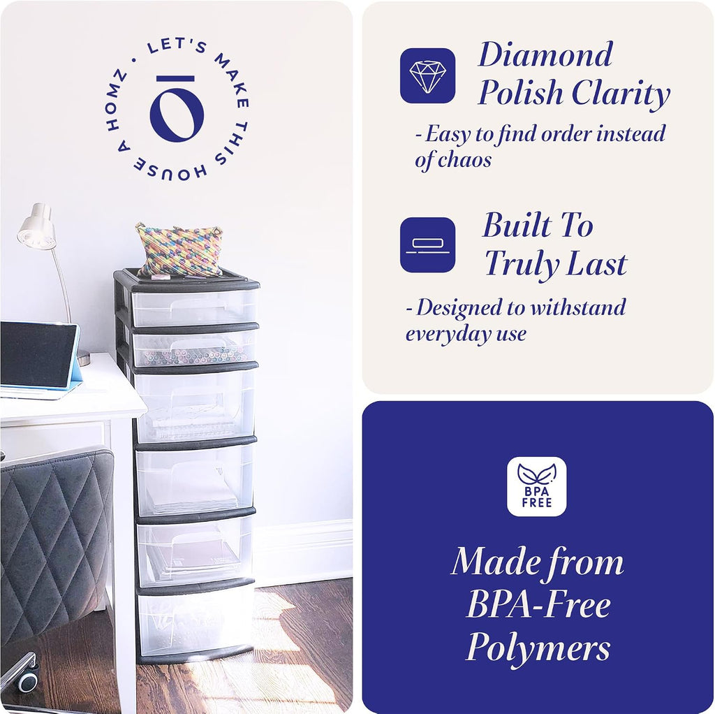 HOMZ 2-Pack Drawer Tower, 6-Tier Clear Plastic Storage Organizer Cart, Black Frame - Organizing Containers for Home, Office, Bathroom, Bedroom, and Classroom