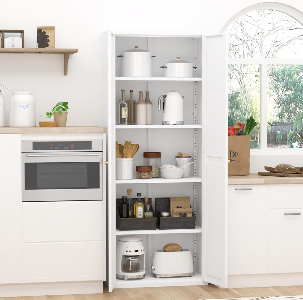 GREATMEET 71" Kitchen Pantry Storage Cabinet, Metal Garage Storage Cabinets with 2 Doors and Shelves, Tall Storage Cabinet, Laundry Room Cabinet, Food Pantry Cabinet, White