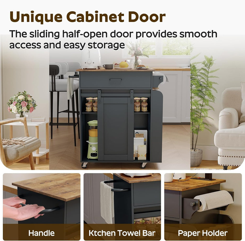 YATINEY Kitchen Island with Storage, Mobile Kitchen Cart with Charging Station, Kitchen Island on Wheels, Rolling Island Table with Sliding Cabinet Door, Black and Rustic Brown ZD01UBR