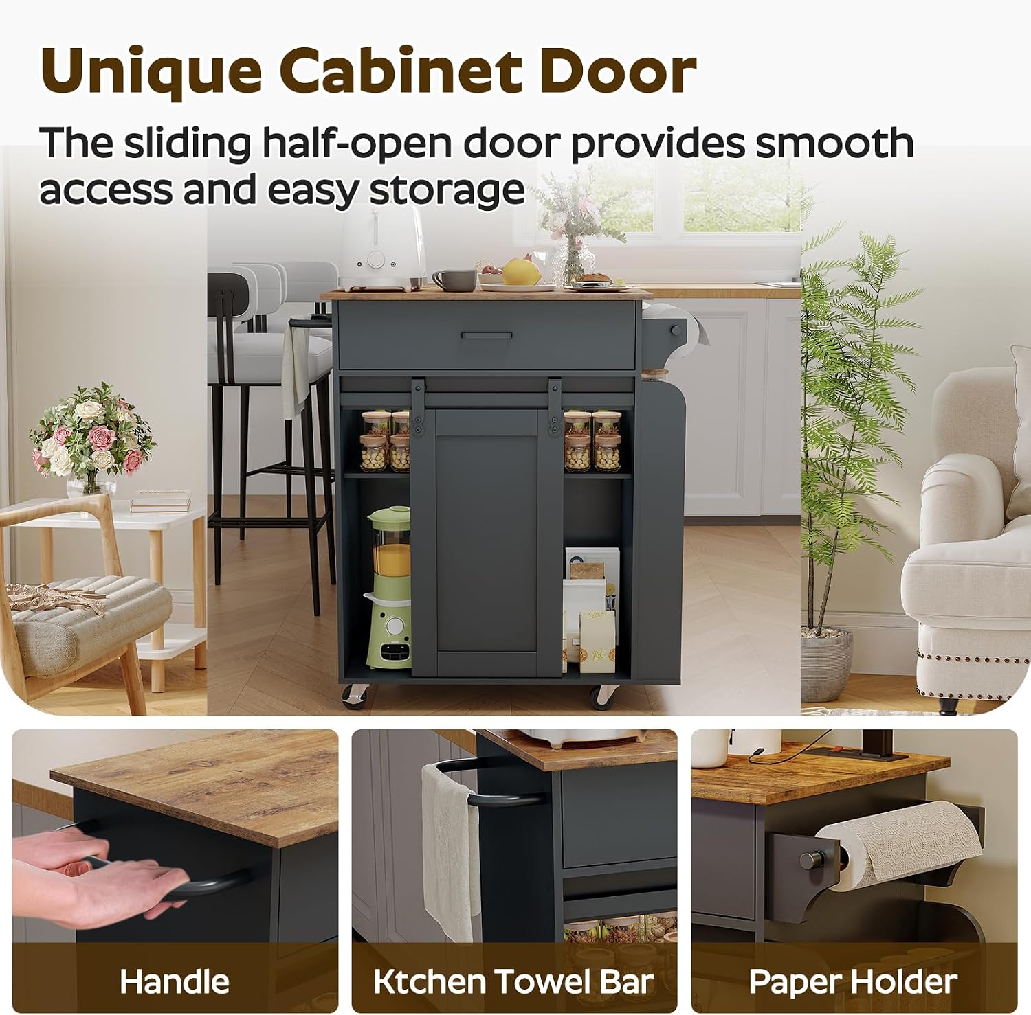 YATINEY Kitchen Island with Storage, Mobile Kitchen Cart with Charging Station, Kitchen Island on Wheels, Rolling Island Table with Sliding Cabinet Door, Black and Rustic Brown ZD01UBR