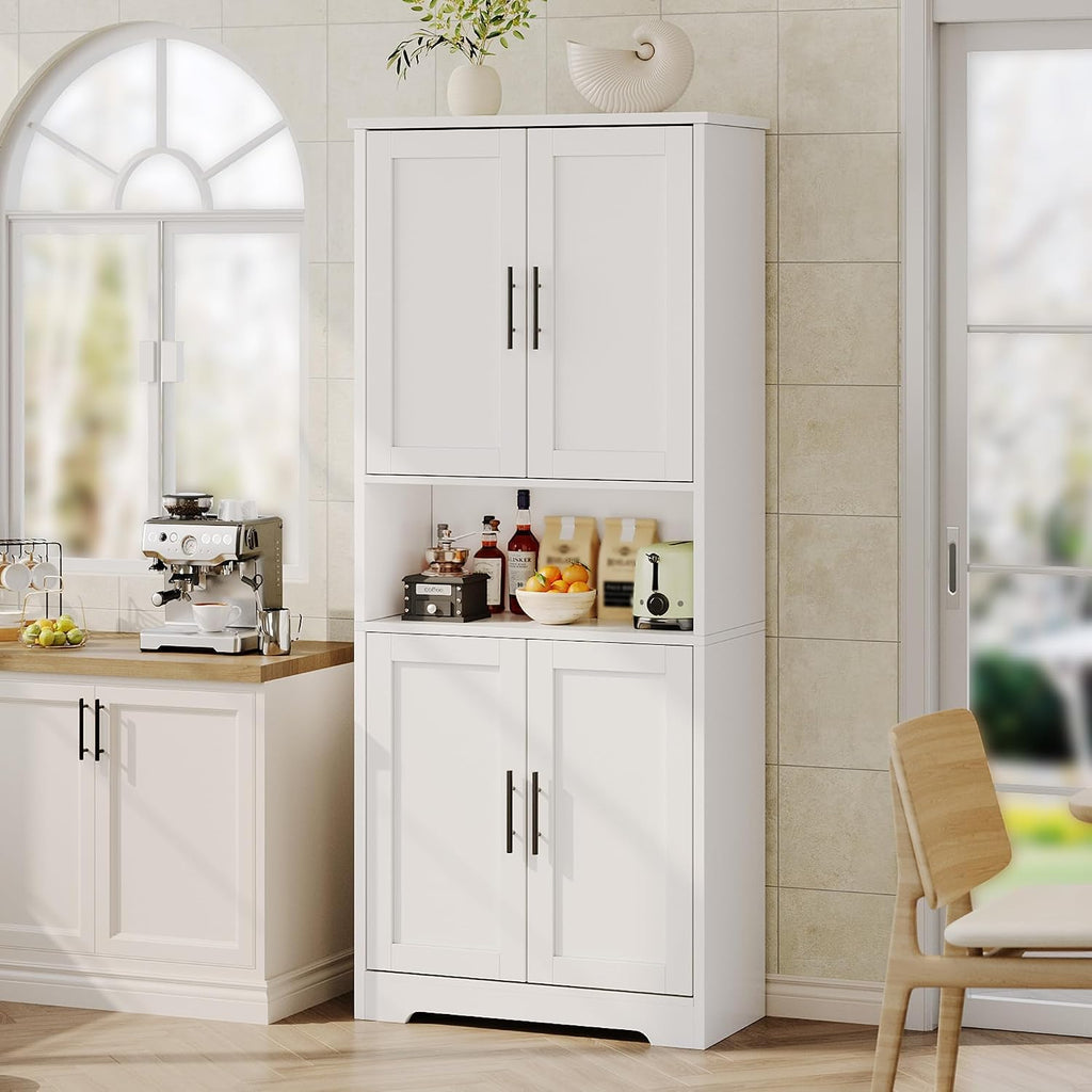 OUTLANE 70" Tall Kitchen Pantry Cabinet with Doors & Adjustable Shelves, Freestanding Modern Storage Cupboard Organizer for Kitchen, Living Room, Bathroom, or Laundry, Sturdy Wood Buffet Hutch