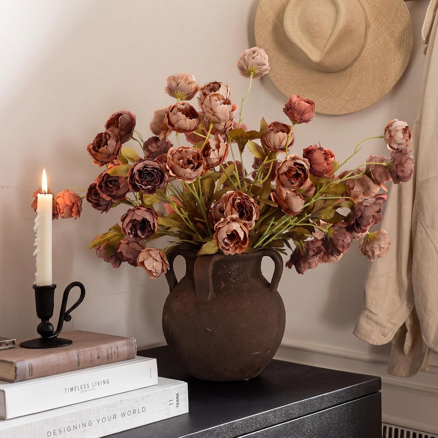 Yinder 8 Pcs Artificial Peonies Stems, 26'' Faux Peony Branch Vintage Silk Flowers for Vase Filler, Fall Home Decor, Rustic Farmhouse Wedding Table Centerpiece DIY Bouquet(Tan, Light Orange)