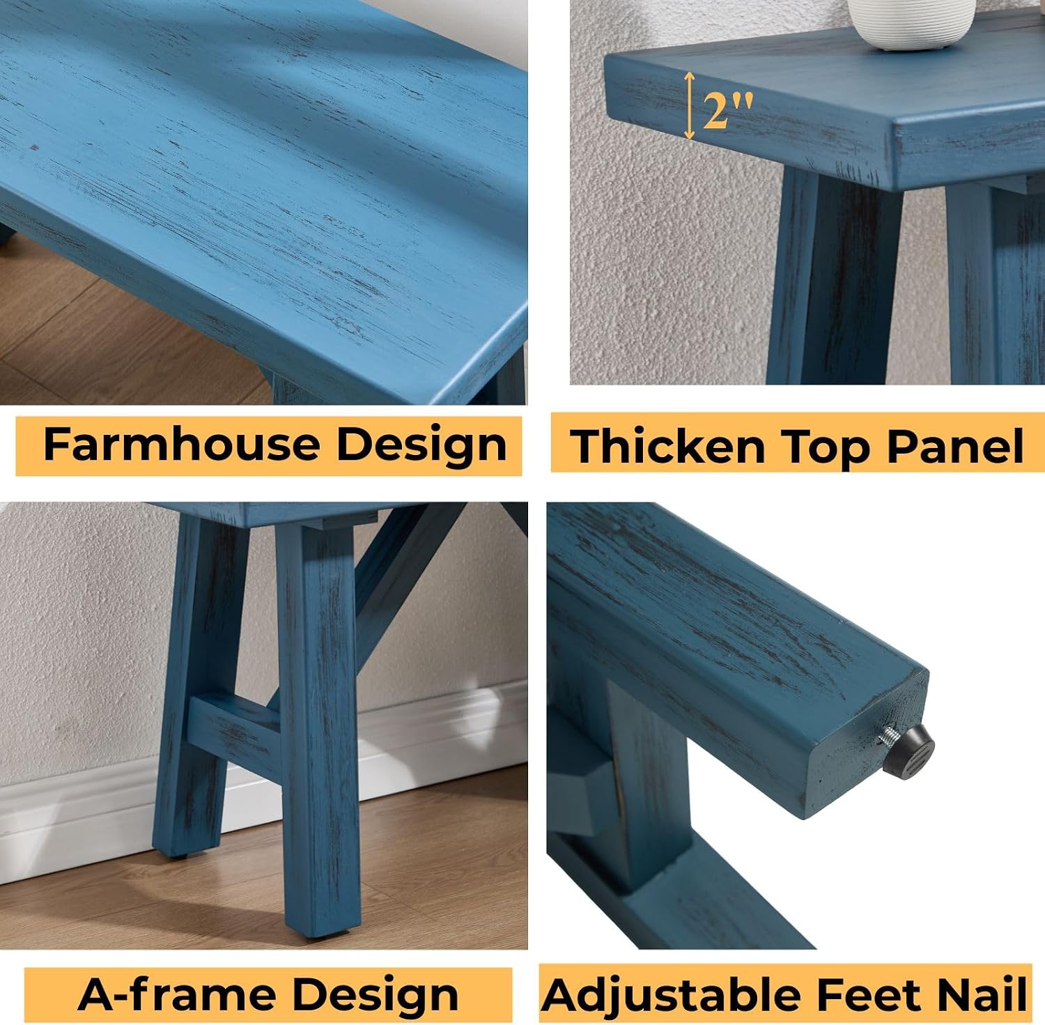 30" Farmhouse Entryway Bench, Rustic Solid Wood Dining Room Bench Small Entryway/Hallway Bench for Indoors Entry Way Seating for Living Room, Hallway, Porch, Easy Assembly, Blue