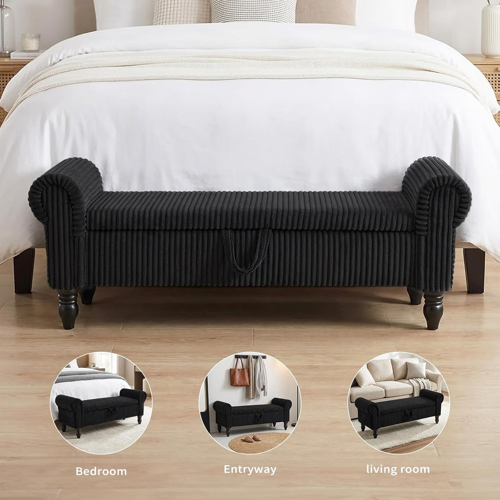 Storage Bedroom Bench for End of Bed, Storage Ottoman with Rolled Arms for Bedroom, Living Room, Entryway (Black)