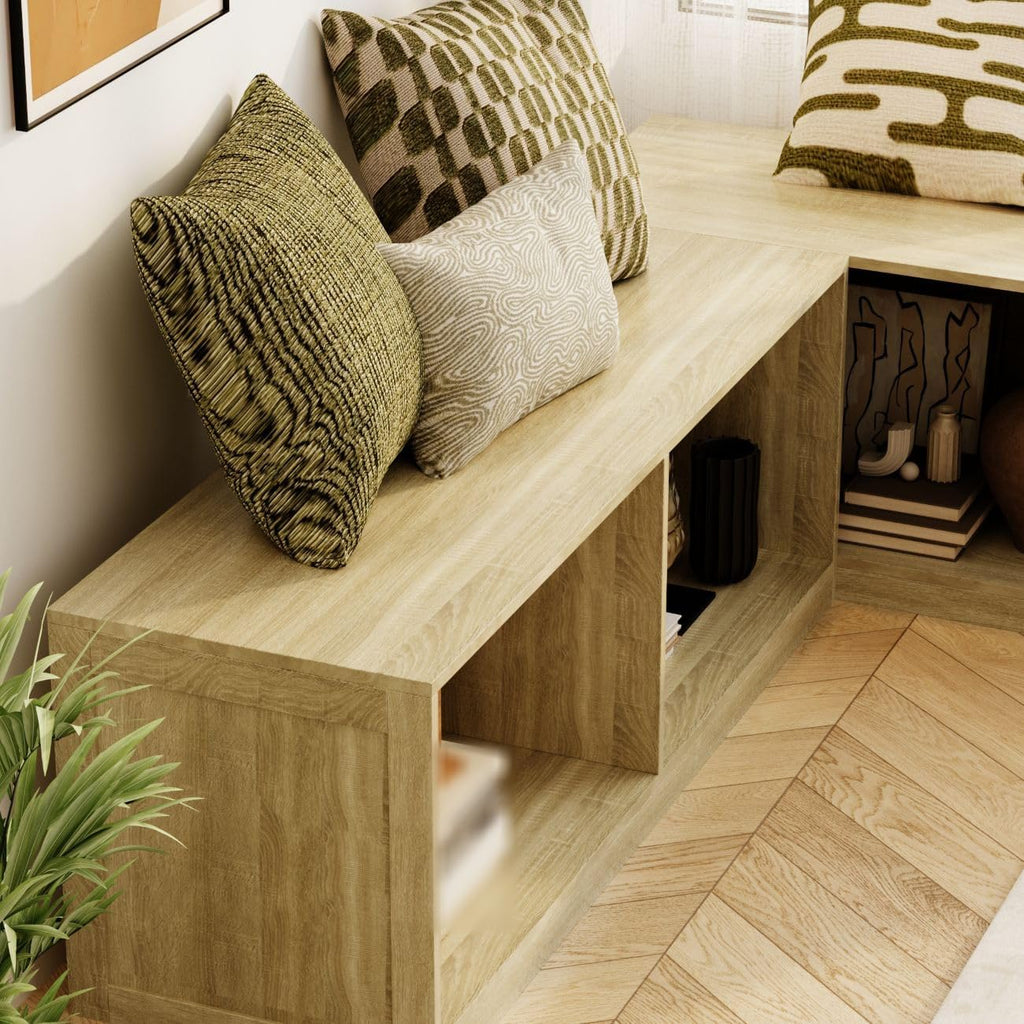 L-Shaped Corner Banquette Storage Bench, Entryway Bench with Open Shoe Storage Shelves for Bedroom, Kitchen Breakfast Nook Corner Benches for Dining Room, Living Room,Oak Color (No Cushion)