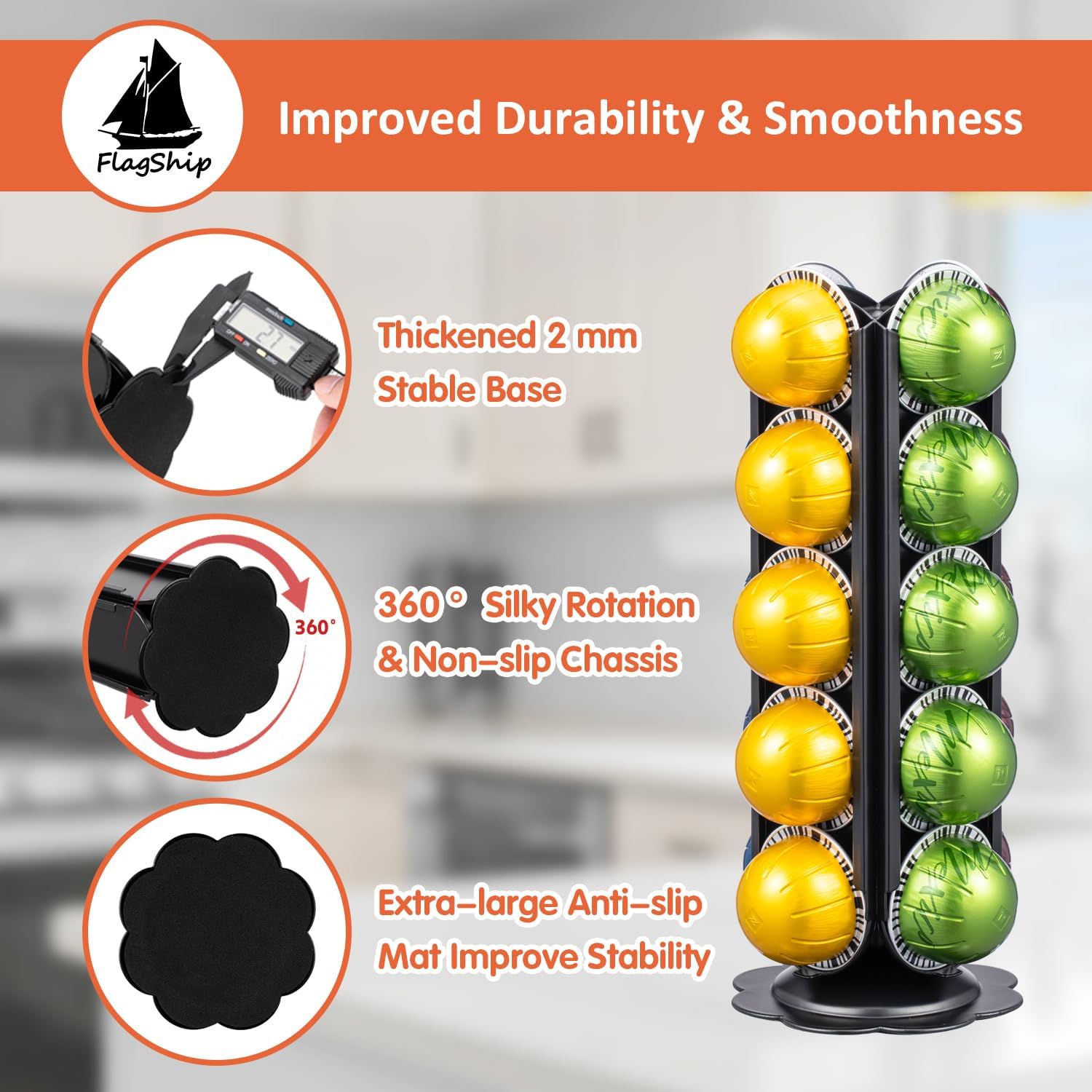FlagShip Coffee Pod Holder for Nespresso Vertuo Pods Organizer,360 Degrees Revolving Pod Carousel No Assembly Required,Vertuo Pod Stand Black Metal(20 Pods Capacity)