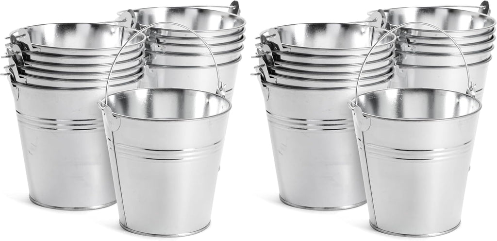 Juvale Galvanized Metal Buckets - 24 Pack, Silver, 4.7 in - Mini Metal Buckets with Handles for Party Decorations & Crafts
