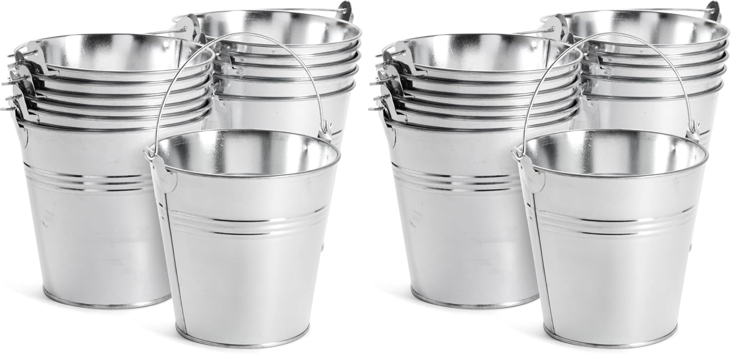 Juvale Galvanized Metal Buckets - 24 Pack, Silver, 4.7 in - Mini Metal Buckets with Handles for Party Decorations & Crafts