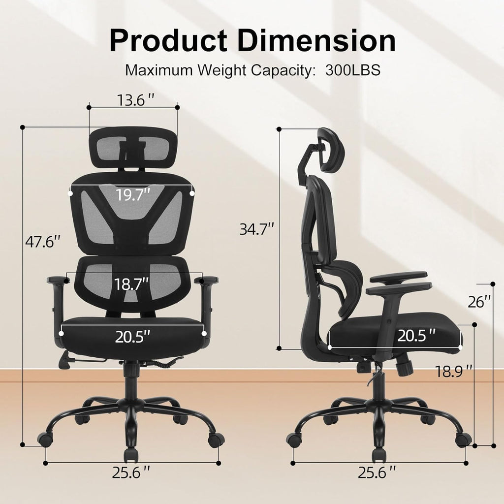 Ergonomic Office Chair, High Back Mesh Executive Desk Chair with Adjustable Height and Adjustable Armrests, Lumbar Support Swivel Task Computer Chair, 350LBS