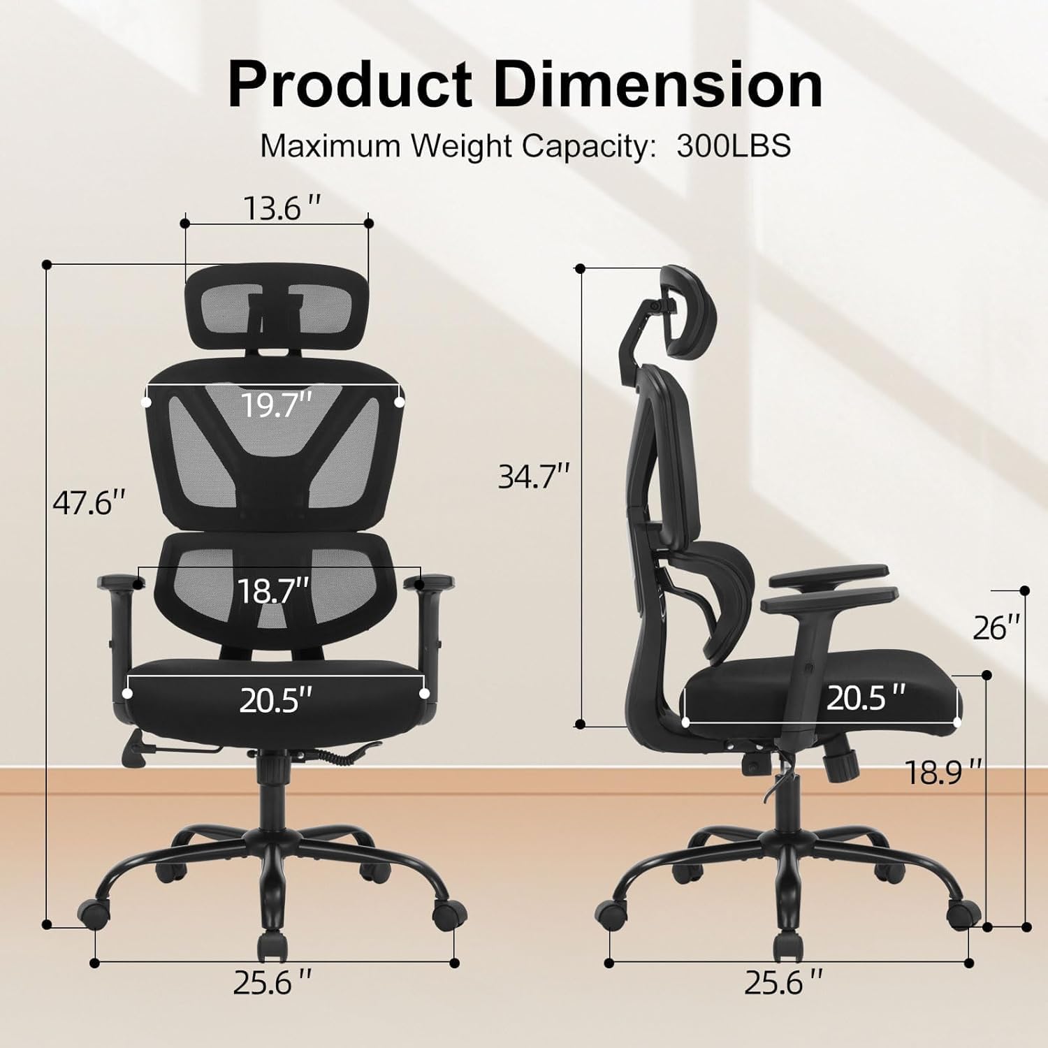 Ergonomic Office Chair, High Back Mesh Executive Desk Chair with Adjustable Height and Adjustable Armrests, Lumbar Support Swivel Task Computer Chair, 350LBS