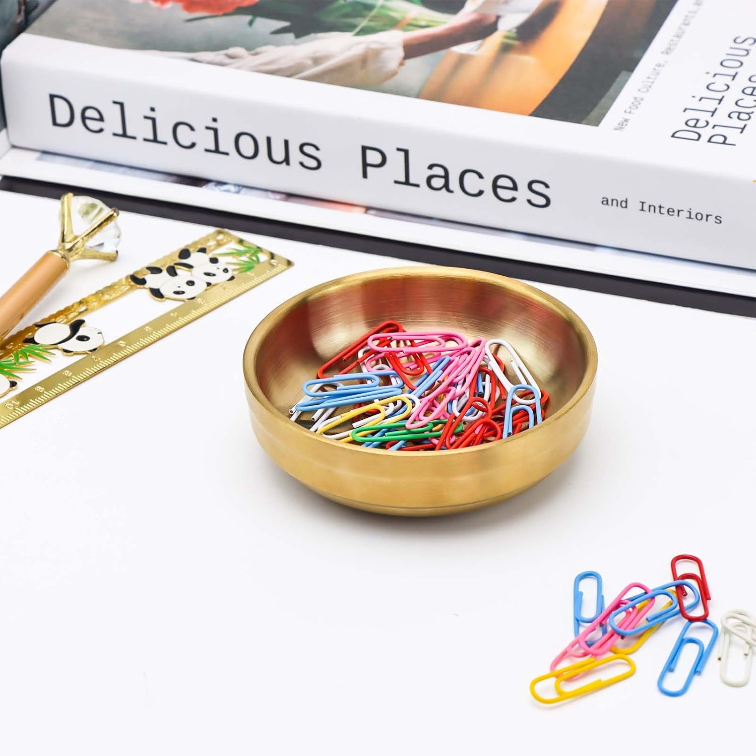 NatSumeBasics Gold Paper Clip Holder Cute Round Paper Clips Dispenser Elegant Desk Organizer Accessories Supplies for School Office Home