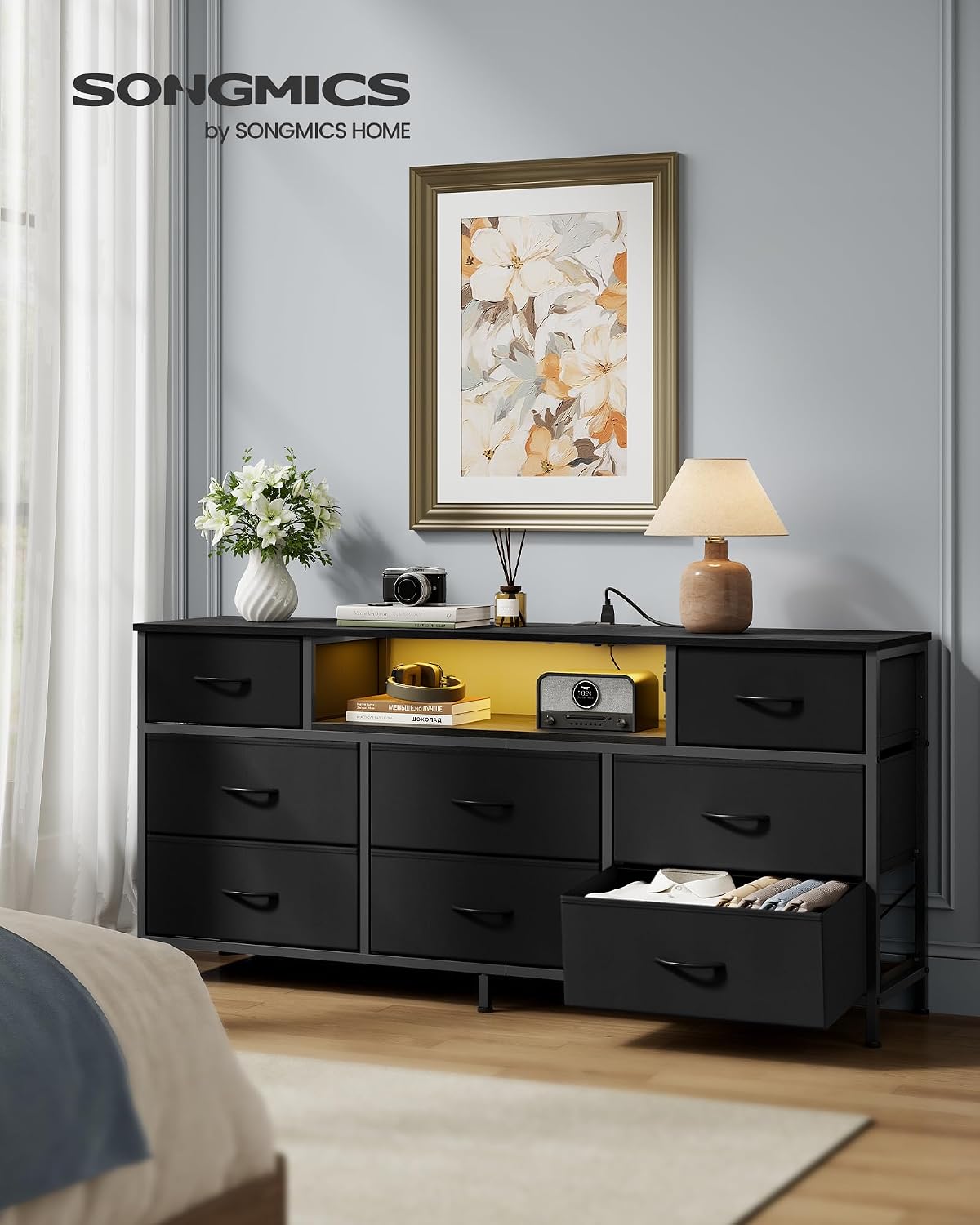 SONGMICS BELLAH Collection - Dresser for Bedroom with Outlets and LED Lights, TV Stand for TVs Up to 65 Inches, Chest of Drawers, 8 Drawers, Steel, Modern, Ink Black ULGS434BH02S