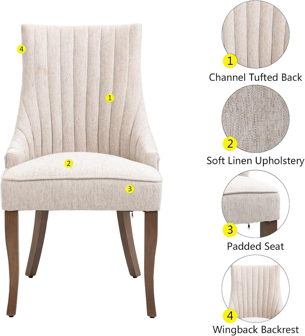 mikibama Linen Beige Dining Chairs Set of 2 Channel Tufted Kitchen Dinner Chair Comfy Fabric Upholstered Accent Chair for Dining Room with Solid Wood Legs