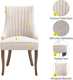 mikibama Linen Beige Dining Chairs Set of 2 Channel Tufted Kitchen Dinner Chair Comfy Fabric Upholstered Accent Chair for Dining Room with Solid Wood Legs