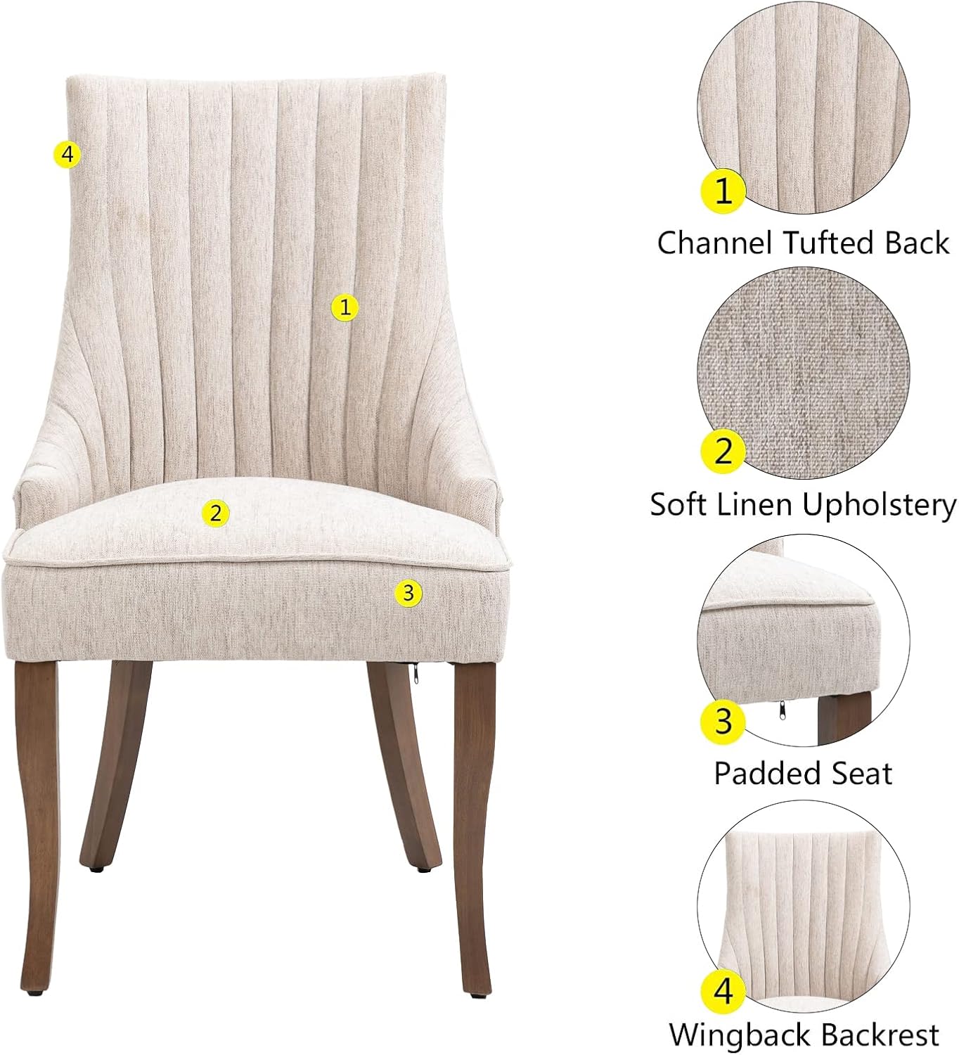 mikibama Linen Beige Dining Chairs Set of 2 Channel Tufted Kitchen Dinner Chair Comfy Fabric Upholstered Accent Chair for Dining Room with Solid Wood Legs