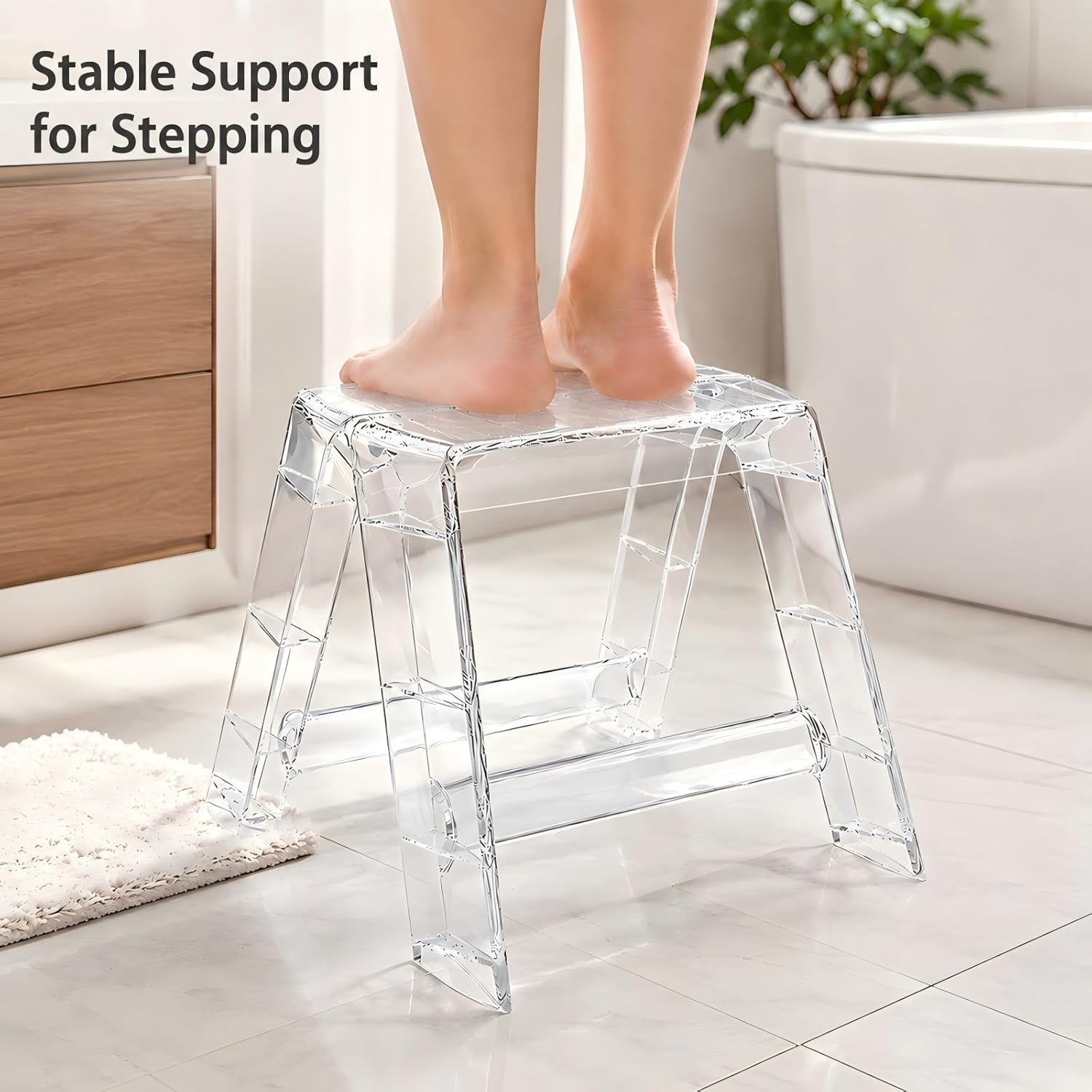 Clear Acrylic-Style Folding Stool, Portable Lightweight Folding Seat, Compact Space Saving Stool for Bathroom, Vanity, Bedroom, Closet & Small Spaces(Transparent)