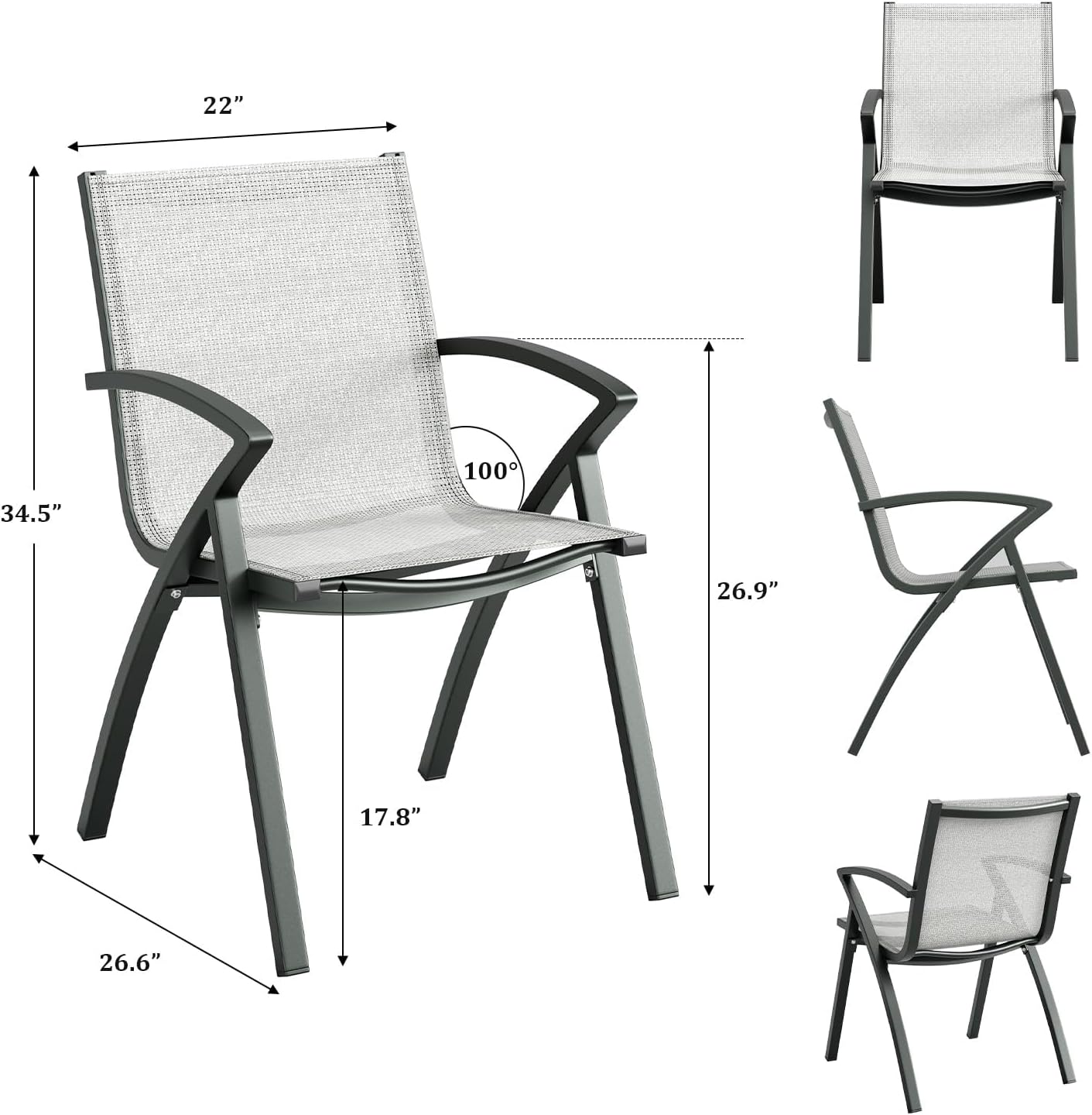 Set of 2 Outdoor Patio Chairs with Lightweight Frame & 100° Adjustable Back, Aluminum Sling Back Dining Chairs with Extra Wide Seat and Armrest for Garden Camping Beach Deck Poolside