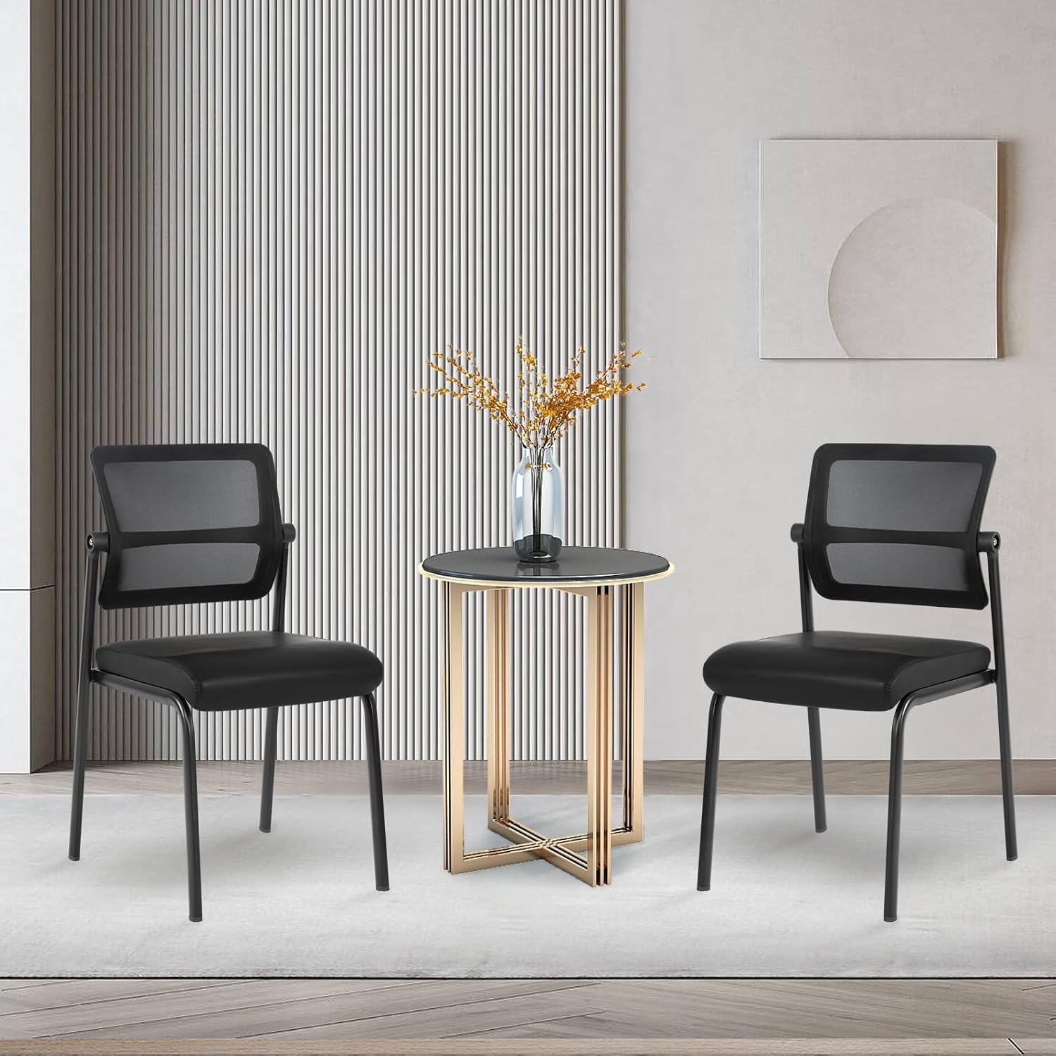 CLATINA Stackable Waiting Room Chair with Adjustable Mesh Backrest, Armless Office Guest Reception Chairs with Leather Cushion and Ergonomic Lumbar Support for Conference Lobby Side School, Black