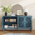 Sideboard Buffet Credenza Cabinet, 4-Door Hollow-Carved Accent Buffet, 60" Large Vintage Distressed Sideboard Storage Cabinet for Kitchen, Living Room,Entryway, Blue