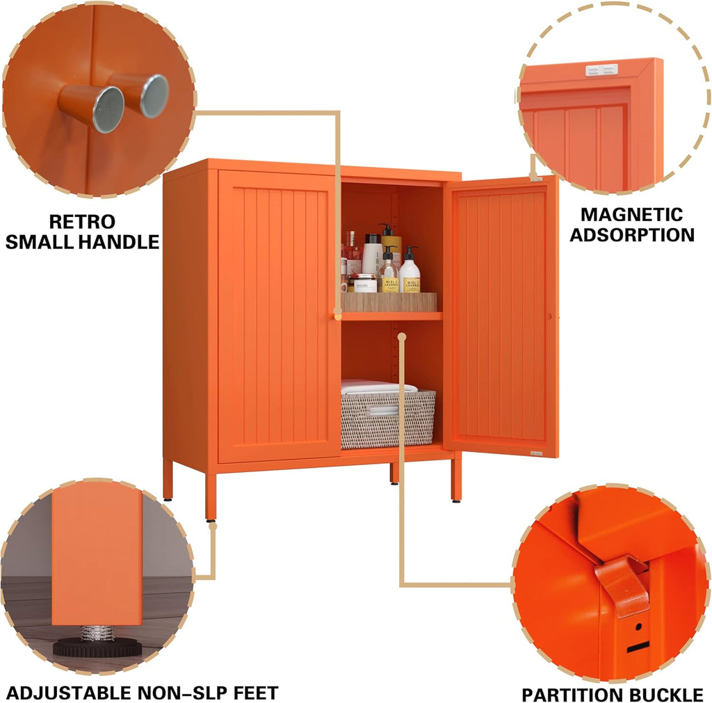 Metal Accent Storage Cabinet for Home,LivingRoom, Office,Kitchen- Metal Locker Cabinet with 1 Adjustable Shelves-Bathroom Floor Storage Cabinet Freestanding Organizer (Stripe Door, Orange)
