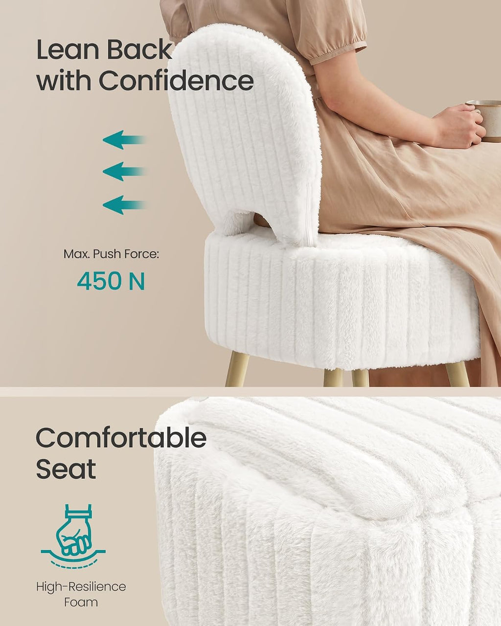 SONGMICS Small Vanity Chair with Storage and Folding Back, Vanity Stool, Footrest Footstool Ottoman, Dressing Table Stool, Furry Padded Seat, for Makeup Room, Bedroom, Cream White ULOM532WD01