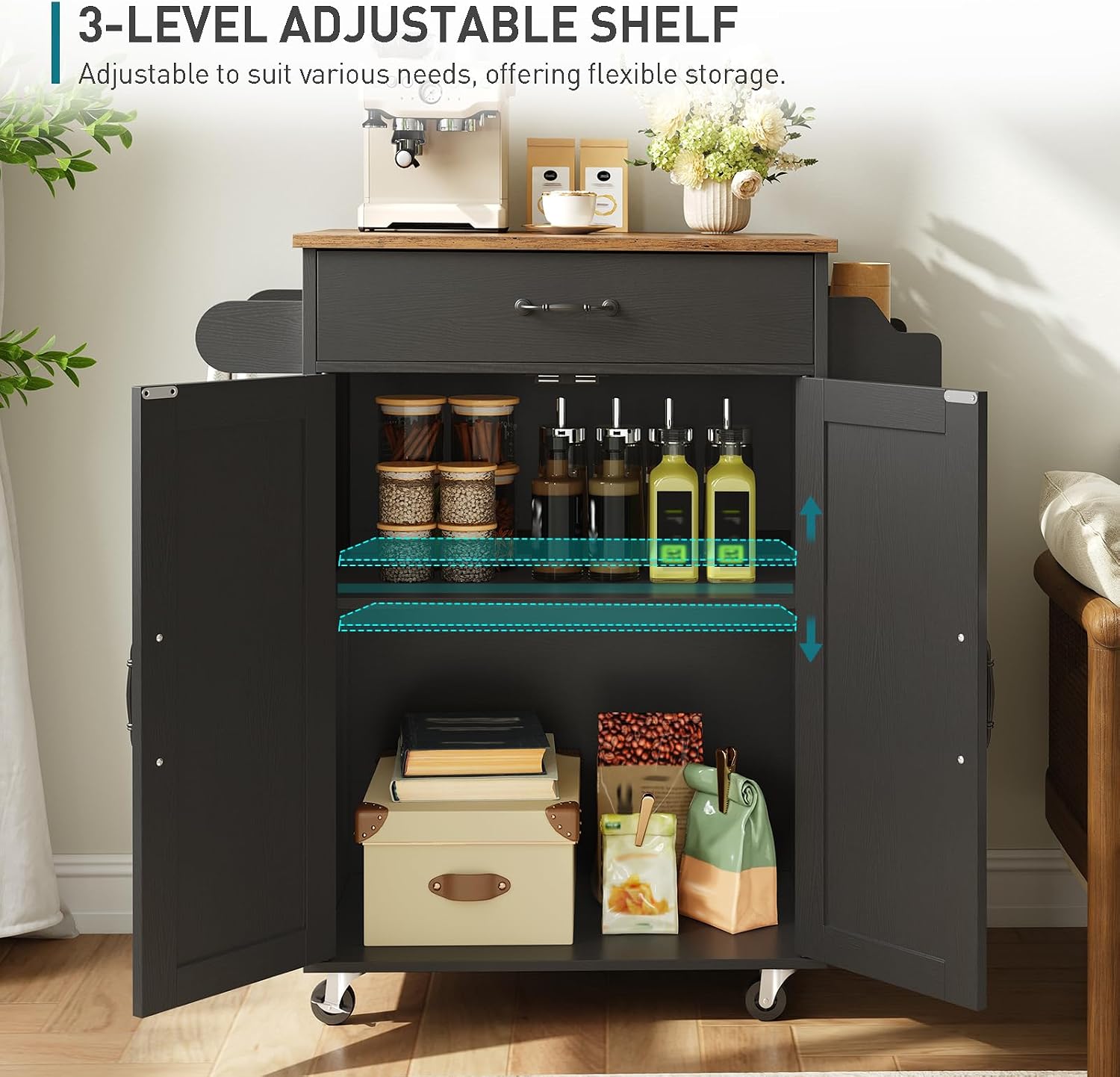 RALGEND Kitchen Island Cart, Small Kitchen Island with Storage Cabinet and Drawer, Rolling Kitchen Cart on Wheels with Spice Rack and Towel Rack, for Kitchen, Dining Room, Black and Rustic Brown