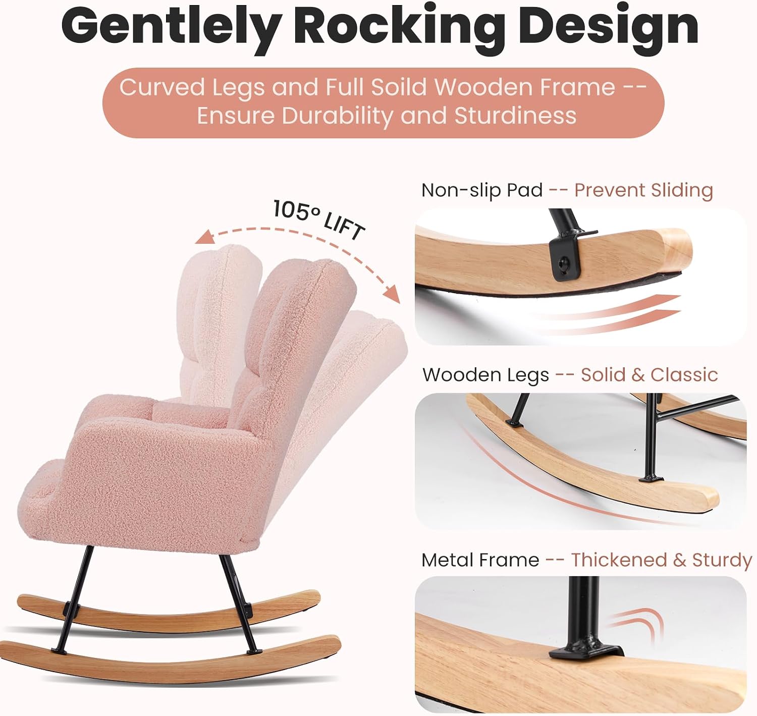 DUMOS Rocking Chair Nursery Teddy Upholstered Gliders Rocker Accent Reading Recliner Thick Padded Seat Ergonomic Modern with High Backrest Armchair Comfy Side for Living Room Bedroom Office Balcony