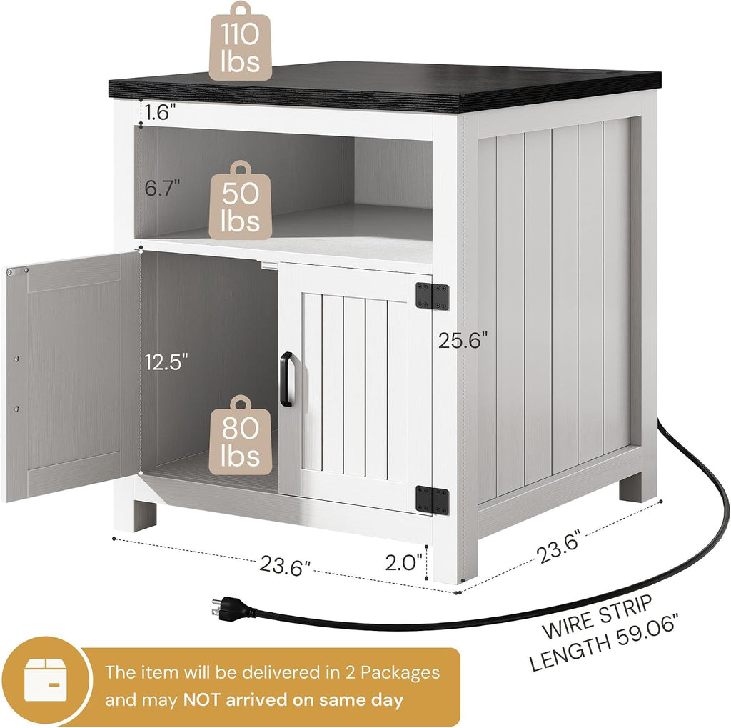 24" Farmhouse End Table Set of 2 with Charging Station, Large Square Side Table with Open Shelf and Barn Door Storage for Living Room, Bedroom (White)