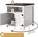 24" Farmhouse End Table Set of 2 with Charging Station, Large Square Side Table with Open Shelf and Barn Door Storage for Living Room, Bedroom (White)