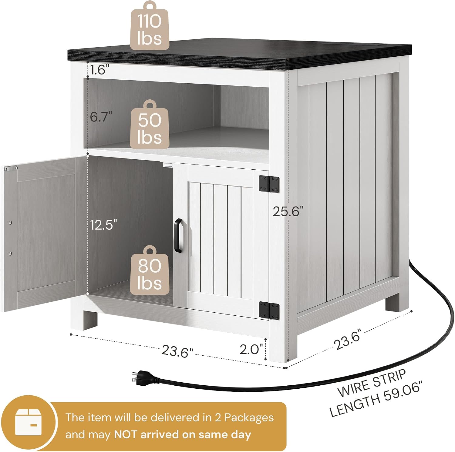 24" Farmhouse End Table Set of 2 with Charging Station, Large Square Side Table with Open Shelf and Barn Door Storage for Living Room, Bedroom (White)