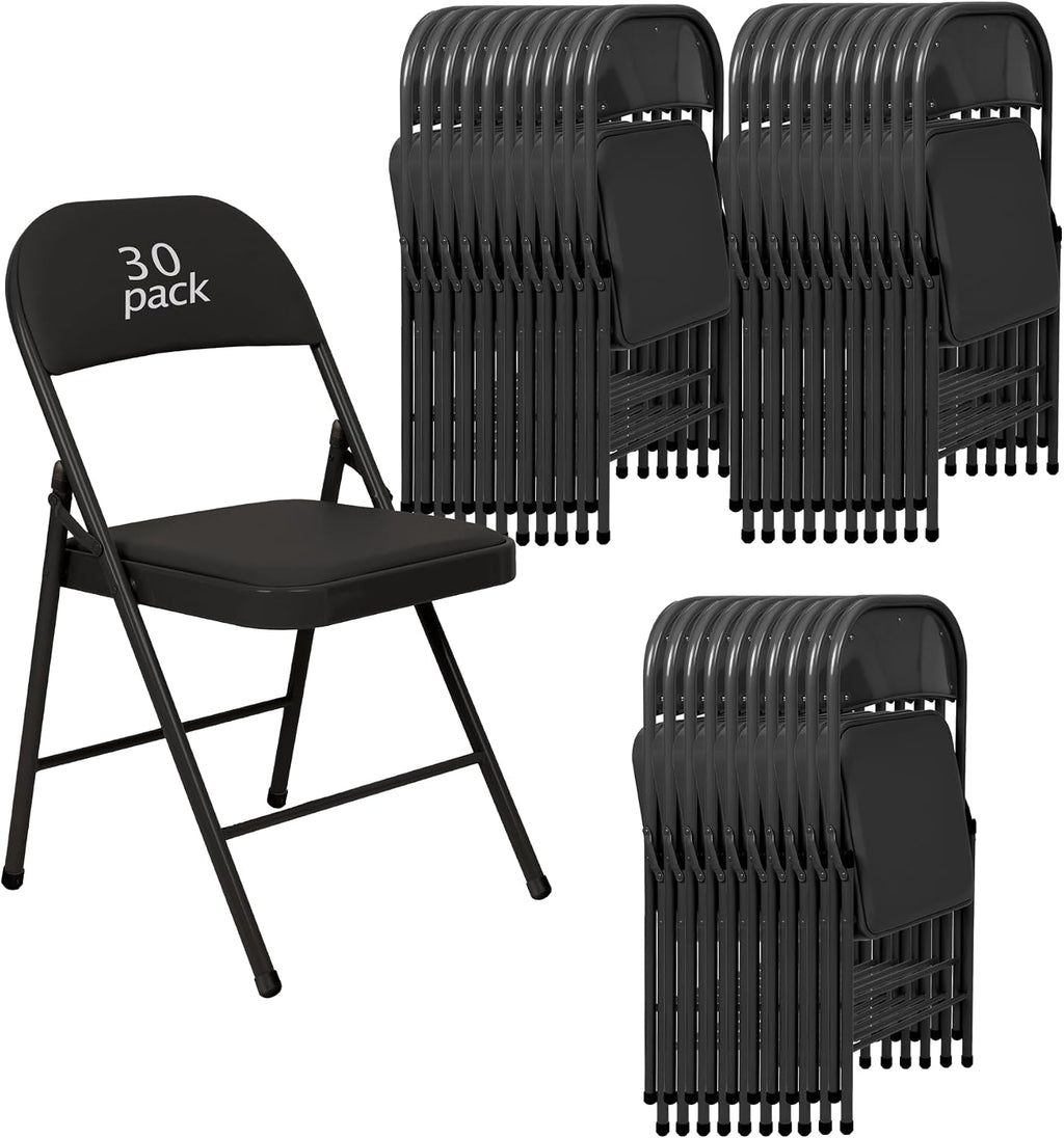 30 Pack Padded Folding Chairs, Heavy Duty Metal Frame with PU Leather Seat & Back, 350 lbs Capacity Portable Stackable Indoor Outdoor Chairs for Party Wedding Office(Black, 30 Pack)