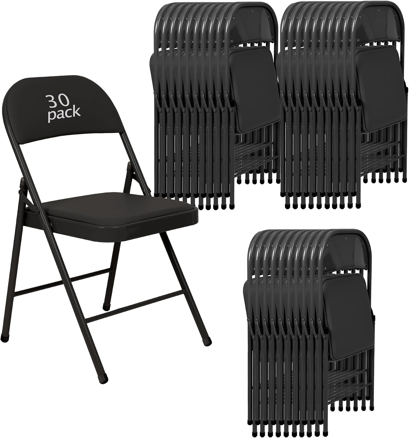 30 Pack Padded Folding Chairs, Heavy Duty Metal Frame with PU Leather Seat & Back, 350 lbs Capacity Portable Stackable Indoor Outdoor Chairs for Party Wedding Office(Black, 30 Pack)