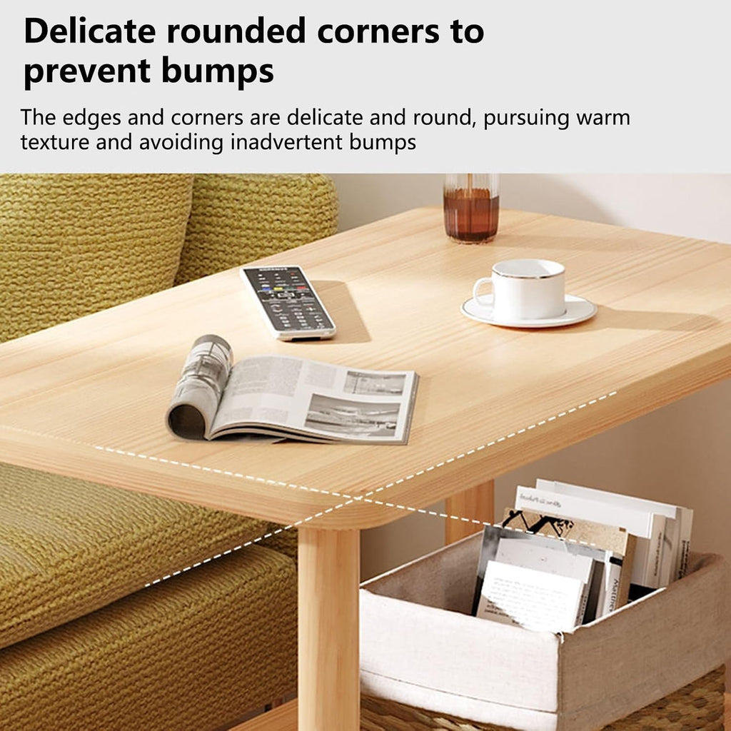 Movable 2-Tier Side Table with 360 Swivel, Industrial Wood Frame End Table for Living Room, Bedroom, Balcony, Office, Study, Entryway, Small Spaces, Narrow Nightstand 23.6"x11.8"x18.5" Wooden Color