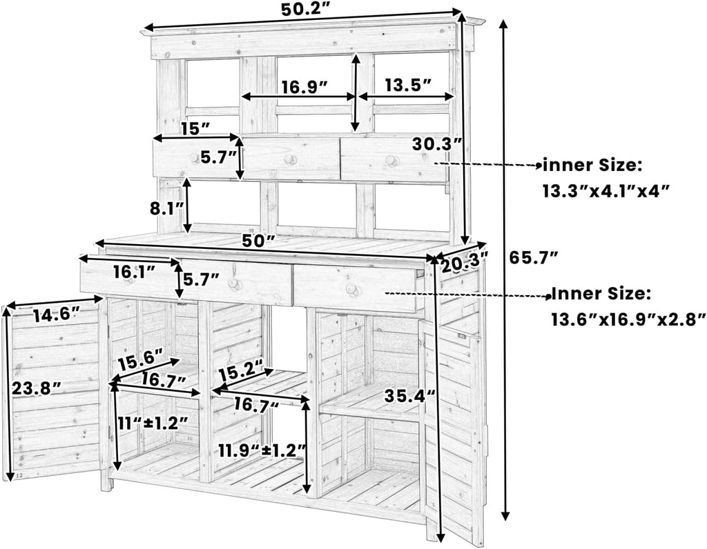 65.7" H Tall Garden Potting Bench with Hutch, 3 Shelves, 6 Drawers, 2 Cabinets, Side Hooks