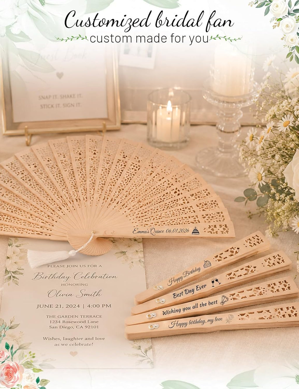 Personalized Fans for Wedding - Handheld Foldable Wooden Fans with Tassels and Organza Bags Custom Wedding Favors for Guests, Eco-Friendly Bulk Bridal Party Gifts (50)