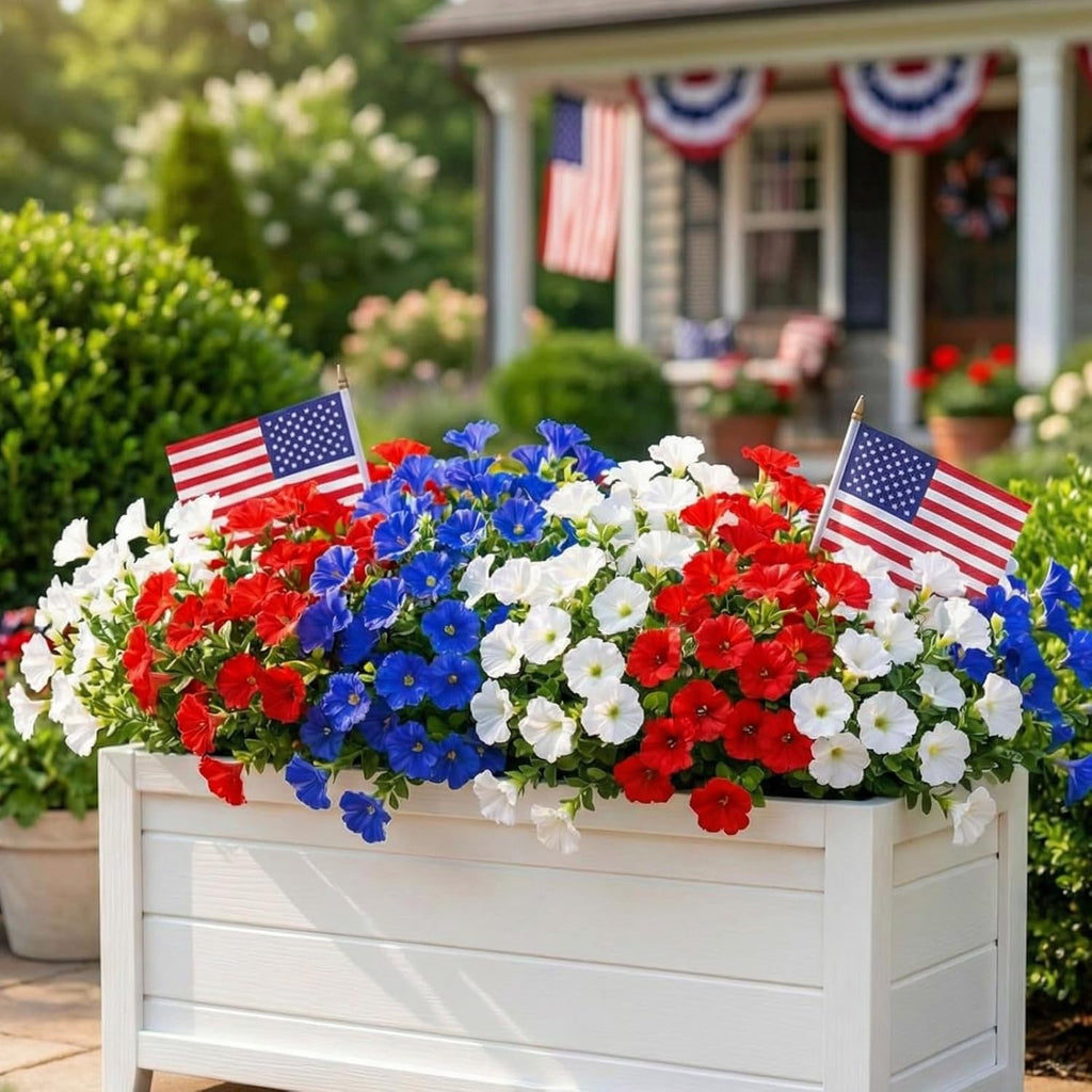 12 Pcs Red White Blue Artificial Flower Outdoor UV Resistant Petunias Patriotic Silk Flower 4th of July Decor USA Independence Short Stem Faux Cemetery Flowers Pot Window Garden 250 Anniversary Decor