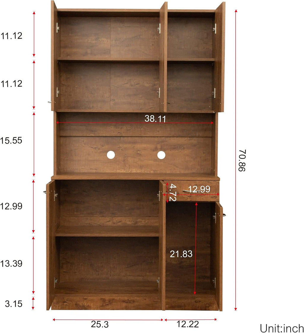 Ball & Cast 71" Pantry Cabinet,Tall Kitchen Pantry Storage Cabinet with Microwave Stand, Modern Kitchen Hutch Cabinet with 6 Doors,1 Drawer & Open Shelves for Living Room,Dining Room,Walnut