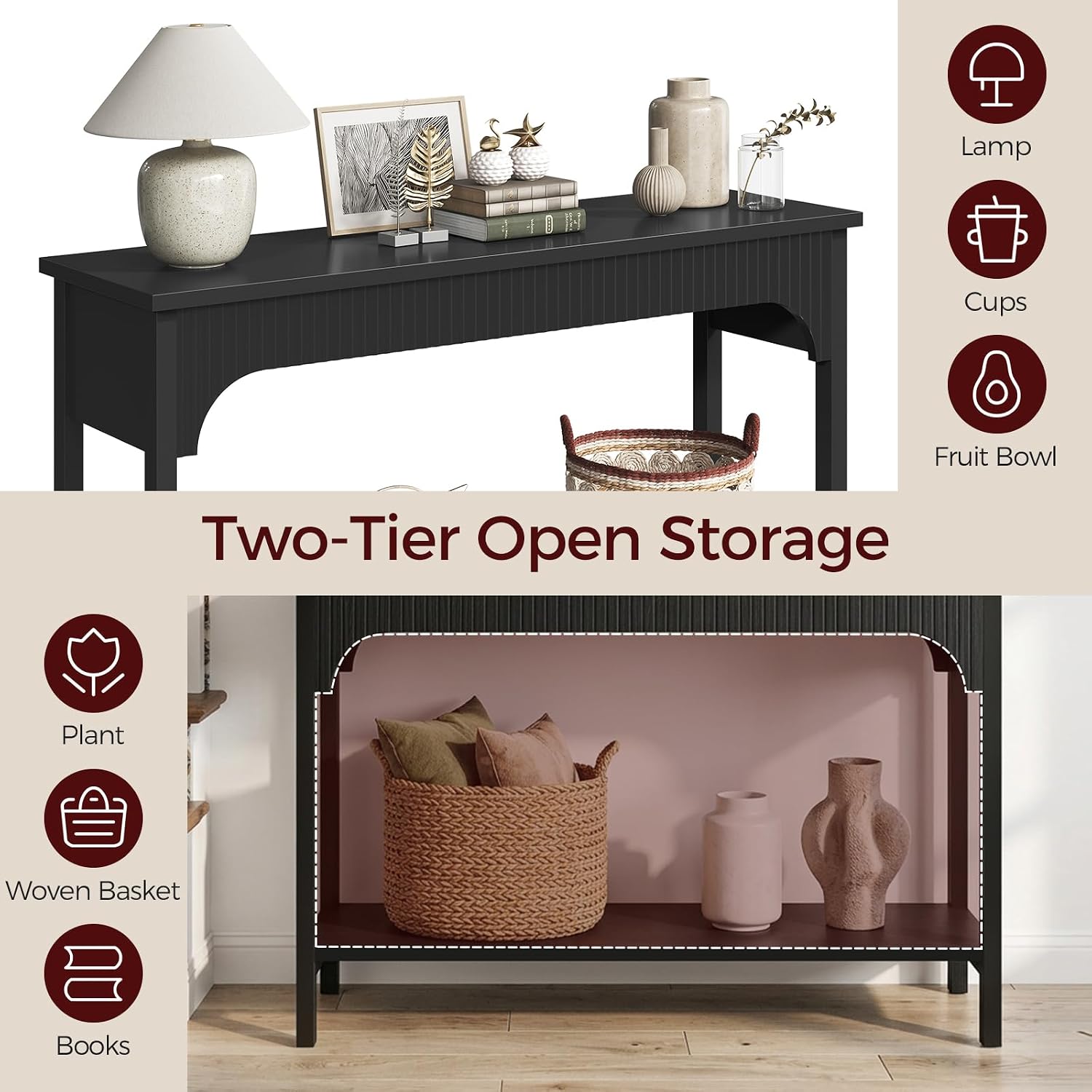 MAHANCRIS Fluted Console Table for Entryway, 43.2" Narrow Console Table with Storage, 2 Tier Industrial Sofa Table for Entryway, for Living Room, Behind Couch, Narrow Hallway, Entry, Black CTBK38001