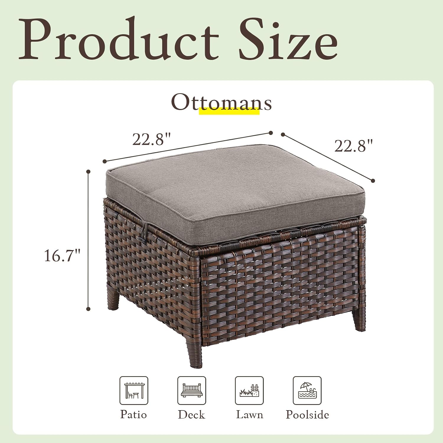 Patio Wicker Ottomans Set of 2, All Weather Outdoor Rattan Ottoman Seat, 2 Pieces Outdoor Patio Ottomans, Outdoor Footstool Footrest Seat, Brown Wicker Grey Cushions