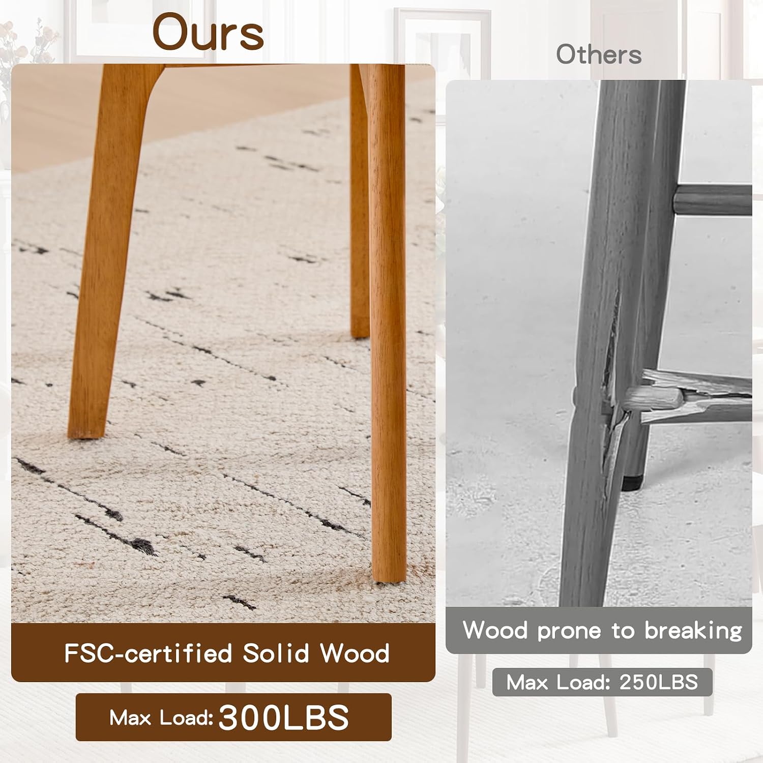 Furniliving Mid Century Modern Dining Chairs Set of 6, 300 lbs Capacity Upholstered Linen Kitchen Chairs with Solid Natural Wood Frame and Ergonomic Curved Back, Beige