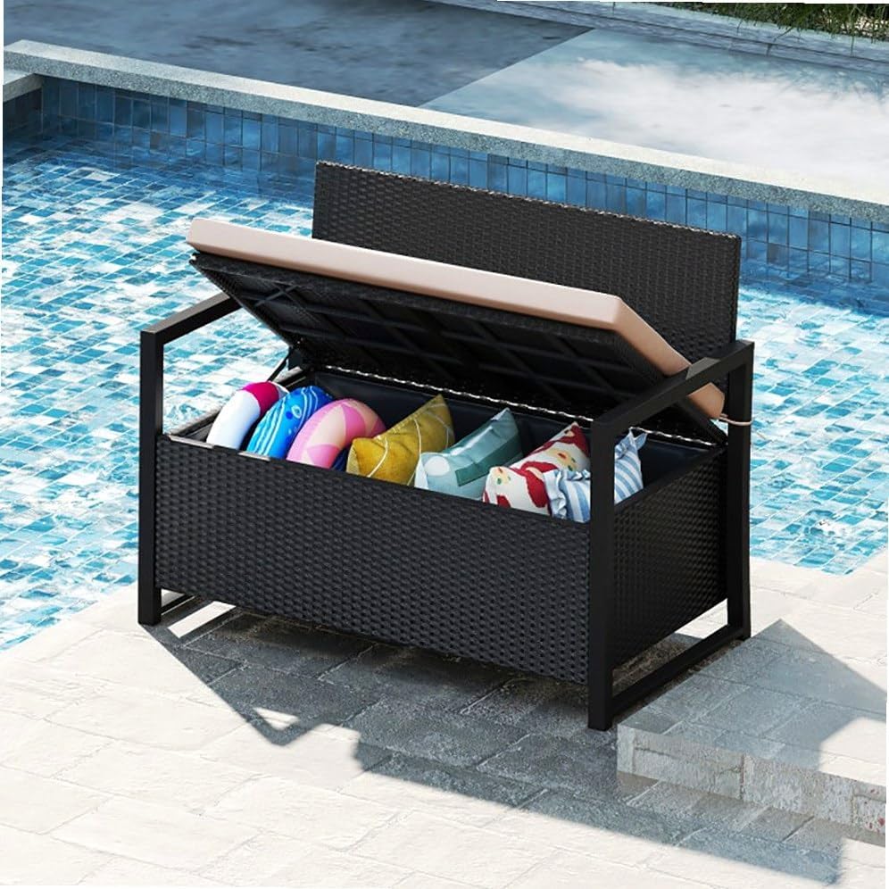 Outdoor Storage Bench PE Rattan Woven Rattan Pattern Brown 24.5x46x33.5in 40Gal Compartment 800lb Capacity Seat Cushion Included