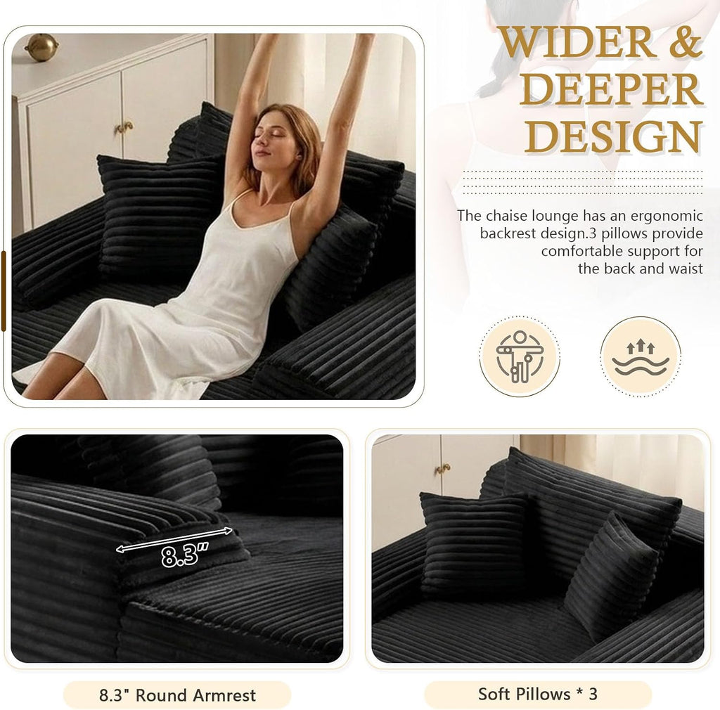 ODUWA 65" Oversized Chaise Lounge Chair Indoor, Boneless Cloud Couch Chair with Wide Armrest 3 Pillows, Comfy Cozy Sofa Bed Couches for Living Room No Assembly Require, Black