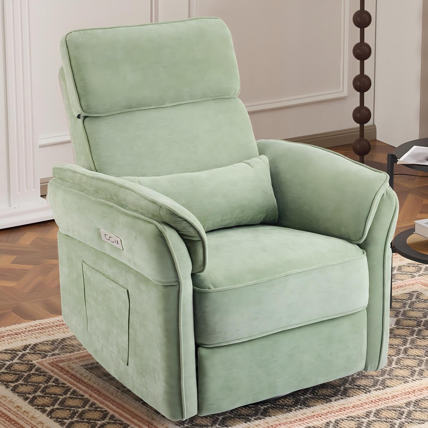 MELLCOM Power Recliner Rocking Chair Nursery Gliders with Adjustable Armrests and Headrest, Swivel Electric Glider Reclining Nursing Chair with USB Port and Storage Bags, FSC Certified(Fabric, Green)