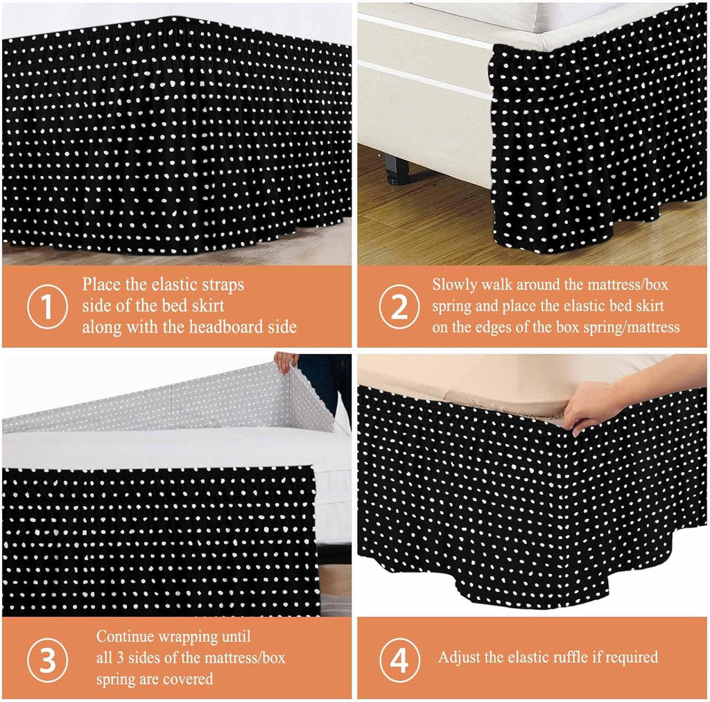 Black Bed Skirt Cal King Size 18 Inch Drop, Adjustable & Elastic Wrap Around Bed Skirts Pleated Luxury Dust Ruffles For Twin Full Queen Cal King Base Bed, Abstract White Polka Dot Geometric Modern Art