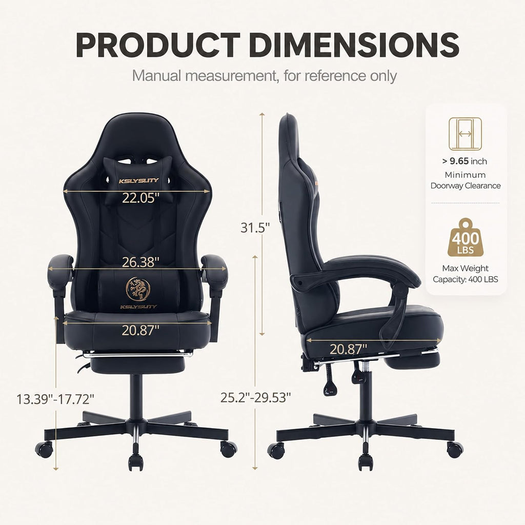 Office Desk Computer Gaming Chair for Adults, Ergonomic High Back Gamer Chair with Massage and Pocket Spring Cushion, Swivel Comfy Video Game Chairs with Footrest and Lumbar Support (Black Leather)