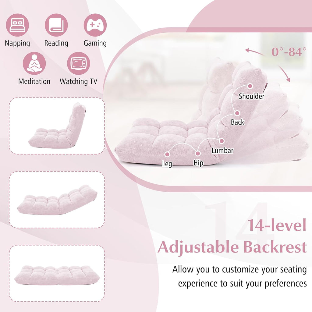RELAX4LIFE Floor Chair with Back Support - 14-Position Adjustable Lazy Sofa Chair, Padded Sleeper Bed & Couch Recliner for Reading, Meditation, Gaming, Adults (Light Pink)