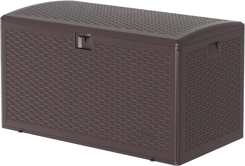 Takywep 99 Gallon Resin Wicker Outdoor Storage Deck Box, Waterproof UV Resistant Patio Storage Bench with Lockable Lid, Easy Assemble Outside Pool Garden Container in Brown Black Whiteer Style