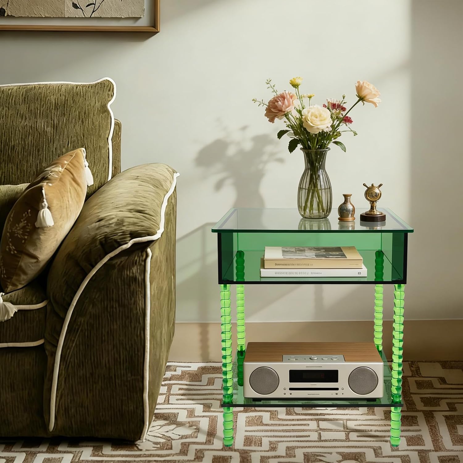 Acrylic Side Table, 3-Tier End Table with Storage, 15.7" L x 11.8" W 19.7" H, Small Modern Bedside Tables Nightstand, Home Decor Accent Table for Living Room Bedroom Office (Grass-Green, Rectangular)